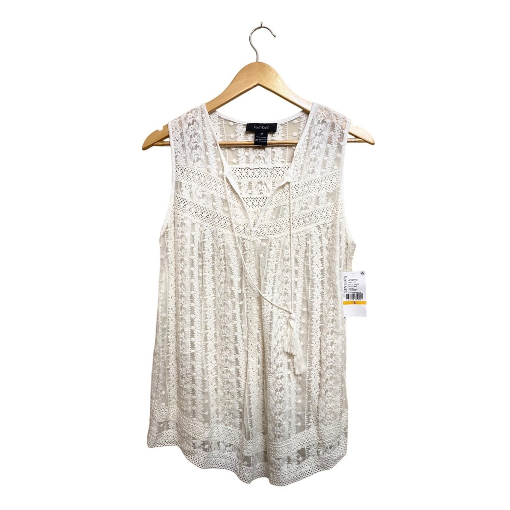 Karen Kane Ivory Lace Sleeveless Top Tassel Tie V-Neck Boho Mesh Blouse Medium